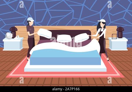 maids setting up pillows making the bed female janitors in uniform cleaning service concept modern hotel bedroom interior full length sketch horizontal vector illustration Stock Vector