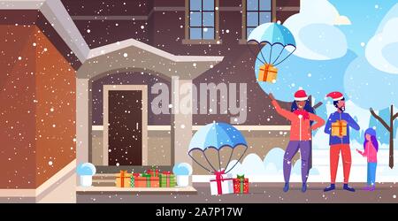 family catching gift present boxes falling down with parachutes merry christmas happy new year holiday celebration concept modern house exterior horizontal full length vector illustration Stock Vector