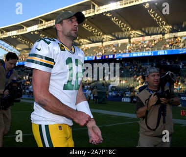 Green Bay Packers' quarterback Aaron Rodgers comes off the field after game against the Los Angeles Chargers at Dignity Health Sports Park in Carson, California on November 3, 2019. The Chargers beat the Packers 26-11. Photo by Jon SooHoo/UPI Stock Photo