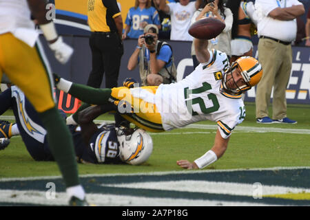 Green Bay Packers' quarterback Aaron Rodgers (12) scores against the Los Angeles Chargers linebacker Thomas Davis Sr (58) in the fourth quarter at Dignity Health Sports Park in Carson, California on November 3, 2019. The Chargers defeated the Packers 26-11.Photo by Jon SooHoo/UPI Stock Photo