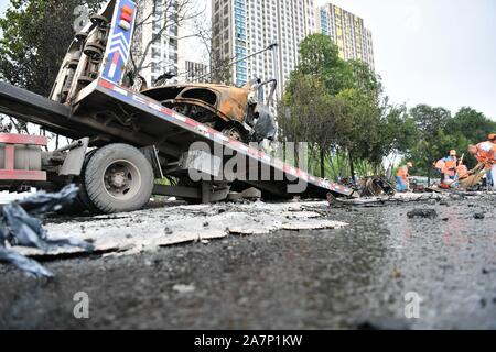 View of debris of the self-igniting car in Chengdu city, southwest China¯s Sichuan province, 5 August 2019.   A car self-ignites itself and explodes i Stock Photo