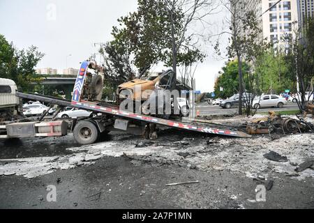 View of debris of the self-igniting car in Chengdu city, southwest China¯s Sichuan province, 5 August 2019.   A car self-ignites itself and explodes i Stock Photo