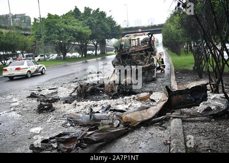 View of debris of the self-igniting car in Chengdu city, southwest China¯s Sichuan province, 5 August 2019.   A car self-ignites itself and explodes i Stock Photo