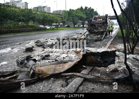 View of debris of the self-igniting car in Chengdu city, southwest China¯s Sichuan province, 5 August 2019.   A car self-ignites itself and explodes i Stock Photo