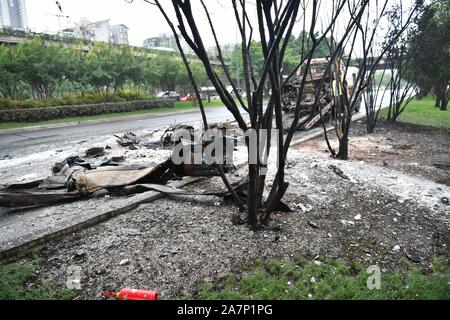 View of debris of the self-igniting car in Chengdu city, southwest China¯s Sichuan province, 5 August 2019.   A car self-ignites itself and explodes i Stock Photo