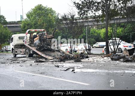 View of debris of the self-igniting car in Chengdu city, southwest China¯s Sichuan province, 5 August 2019.   A car self-ignites itself and explodes i Stock Photo