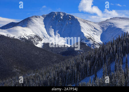 View of the snow covered Rocky Mountains from Winter Park Ski Resort in Colorado Stock Photo