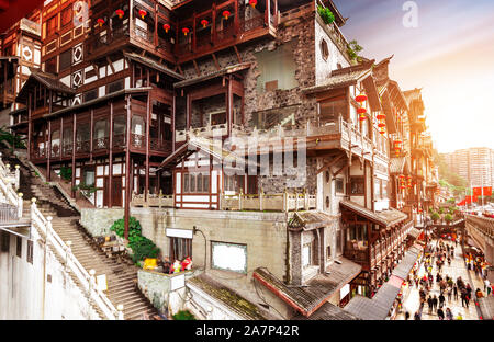 Nightscape of Hongyadong Ancient Town in Chongqing, China Stock Photo