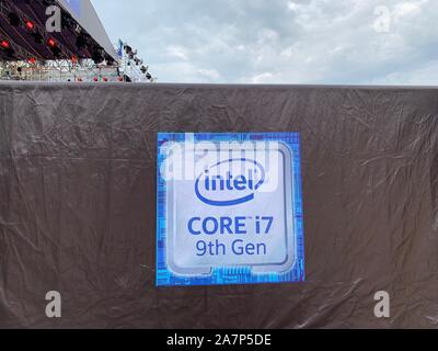 --FILE--A logo of Intel 9th Generation Core i7 is seen during an expo in Wuhan city, central China's Hubei province, 16 June 2019.   The United States Stock Photo