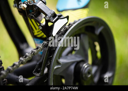 Bicycle chainwheel, parts bike wheel, chain, derailleur front shifters cycling road bike frame. Stock Photo