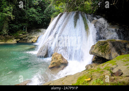 View on the beautiful Rech Falls near Manchioneal Village in Jamaica. This waterfalls are one of the most visited touristic attraction in Portland Stock Photo