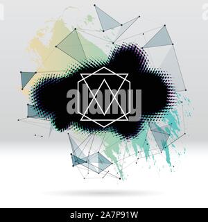 Background with brush stroke, blot, triangular grid and label Stock Vector