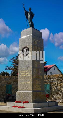 The 1982 Liberation Memorial in Stanley, Falkland Islands, commemorating the end of the Falklands War. It says 'in memory of those who liberated us.' Stock Photo