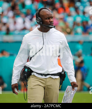 Miami Gardens, Florida, USA. 3rd Nov, 2019. Miami Dolphins head coach Brian Flores in action during an NFL football game against the New York Jets at the Hard Rock Stadium in Miami Gardens, Florida. Credit: Mario Houben/ZUMA Wire/Alamy Live News Stock Photo