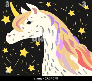 Designed for children. Picture of Unicorn with fancy hair. Unicorn Vector Icon on black background with falling stars. Cute fancy magic cartoon fantas Stock Vector