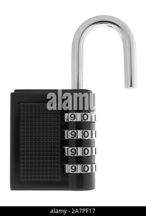 Open combination padlock on white background Stock Photo