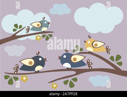 Birds sitting on tree branches. Vector Illustration Stock Vector