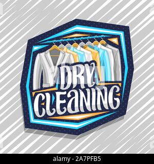 Vector logo for Dry Cleaning, blue decorative signboard with illustration of modern blazers and shirts hanging on hanger, original brush typeface for Stock Vector