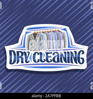 Vector logo for Dry Cleaning, white decorative tag with illustration of modern blazers and colorful shirts hanging on hanger, original brush lettering Stock Vector
