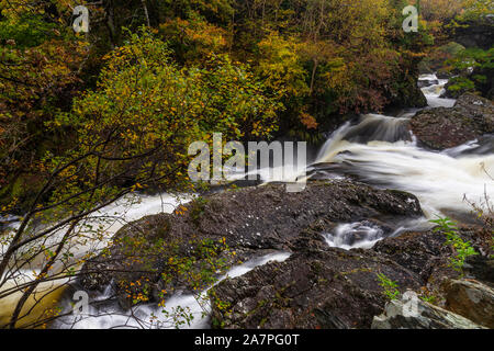 Waterfall on the Afon Llugwy river at Capel Curig, Snowdonia, North Wales Stock Photo