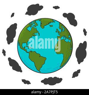 Air Pollution Concept Illustration with Hand Drawn Vector Earth .Black Clouds Spinning Around The World. Stock Vector