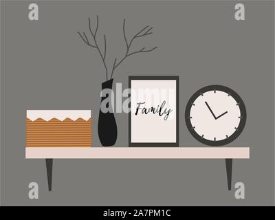 Wall shelf for a Scandinavian-style living room interior with branch in vase, clock, basket and paintings. Vector flat illustration. Stock Vector