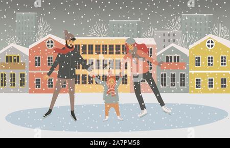 Family at the rink on the background of houses. Father, mother and child are skating and it is snowing. Flat cartoon vector hand-drawn illustration Stock Vector