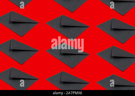 Set of green envelopes, Mockup. Collection on red background. Wedding stationary. Pattern Stock Photo