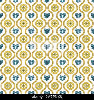 Seamless pattern with golden silk cords, bows and medallions. Stock Vector
