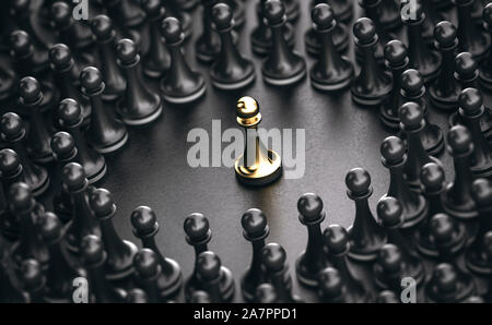 3D illustration of black pawns around a golden one standing out from the crowd. Concept of leadership Stock Photo