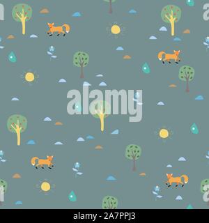Seamless Pattern with orange foxes and trees on green. Vector Illustration Stock Vector