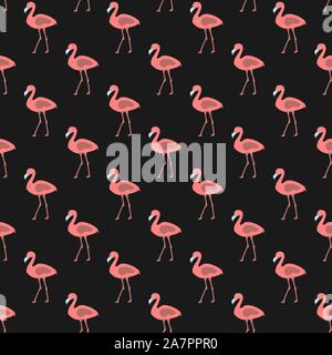 Seamless pattern with pink flamingos on background with tropical leaves ...