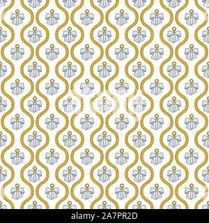 Seamless pattern with golden silk cords, bows and medallions. Stock Vector