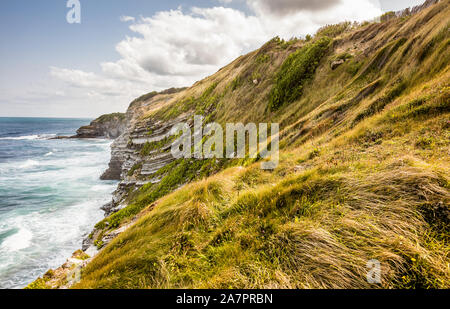 Basque Country coastline with typical cliffs and rock formations, overlooking Bay of Biscay. Saint Jean de Luc, France.