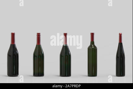 3d rendering. Empty red wine bottle green glass with clipping path isolated on gray background. Stock Photo