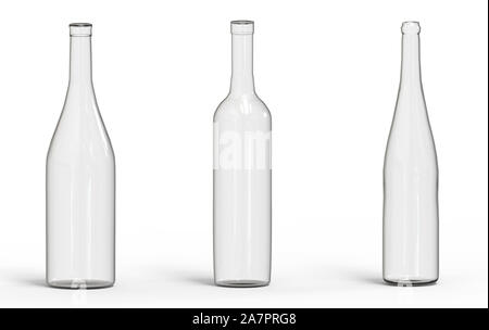 3d rendering. empty transparent wine bottle glass with clipping path isolated on white background. Stock Photo