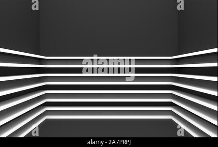 3d rendering. modern parallel gray panels pattern on dark corner room wall background. Stock Photo