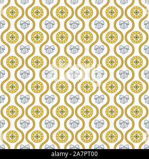Seamless pattern with golden silk cords, bows and medallions. Stock Vector
