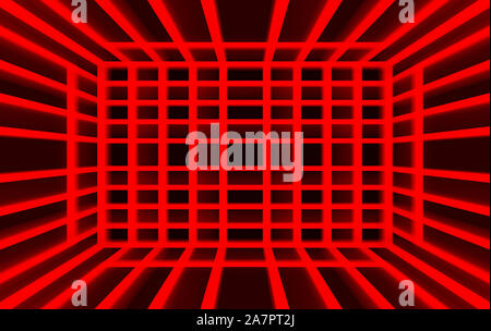 3d rendering. Red light panel square on dark wall room background. Stock Photo