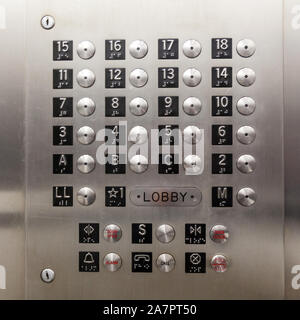 Elevator floor buttons, Hotel Pennsylvania, 7th Avenue , New York City, United States of America. Stock Photo