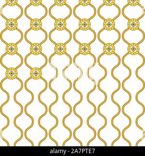 Seamless pattern with golden silk cords, bows and medallions. Stock Vector