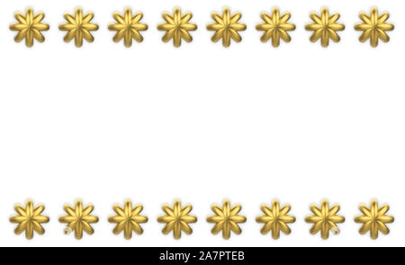 3d rendering. Gloden Six pointed star row on up and down of white wall background. Stock Photo