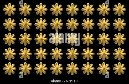 3d rendering. Gloden Six pointed star flower shape pattern on black wall background. Stock Photo
