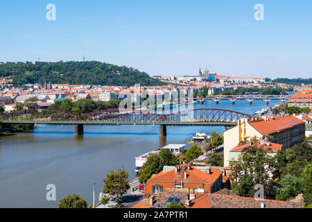 Elevated view over Vltava river and towards Petrin hill and Hradcany, the castle area, Prague, Czech Republic Stock Photo