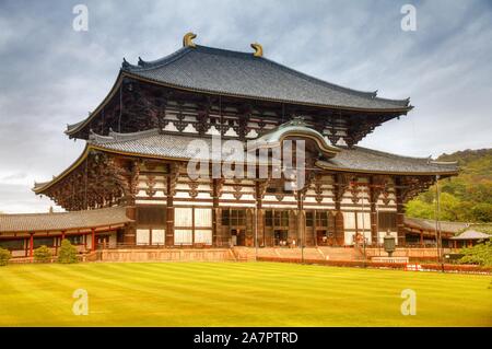 Nara, Japan (Kansai region) - old city on UNESCO World Heritage Site. Todai-ji temple, the largest wooden building in the world. Retro tone color effe Stock Photo