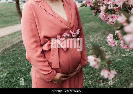 Beautiful pregnant women in pink outfit photographed next to blossom tree in the spring. close up photo of her belly and no face shown. Stock Photo