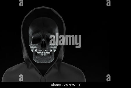 3d rendering. Ghost head skull in Black Hood jacket with clipping path isolated on black background. Halloween horror concept. Stock Photo