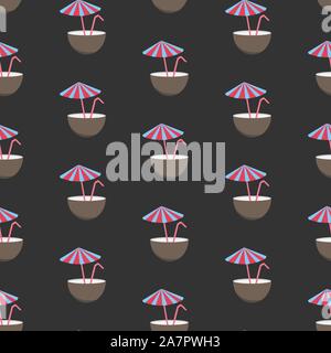 Seamless Pattern with half coconut drink, tube and umbrella, polka dot style. Cocktail in half coconut repeating pattern. Stock Vector