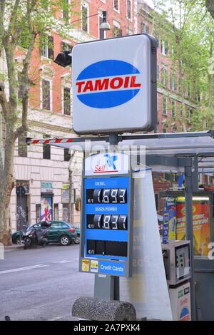 ROME, ITALY - APRIL 8, 2012: Tamoil gas station prices in Rome. Tamoil is part of Oilinvest. As of 2013 Tamoil had 2,462 service stations. Stock Photo