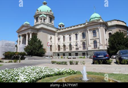 BELGRADE, SERBIA - AUGUST 15, 2012: Exterior view of Serbian Parliament in Belgrade, Serbia. Belgrade is the most popular tourism destination in Serbi Stock Photo